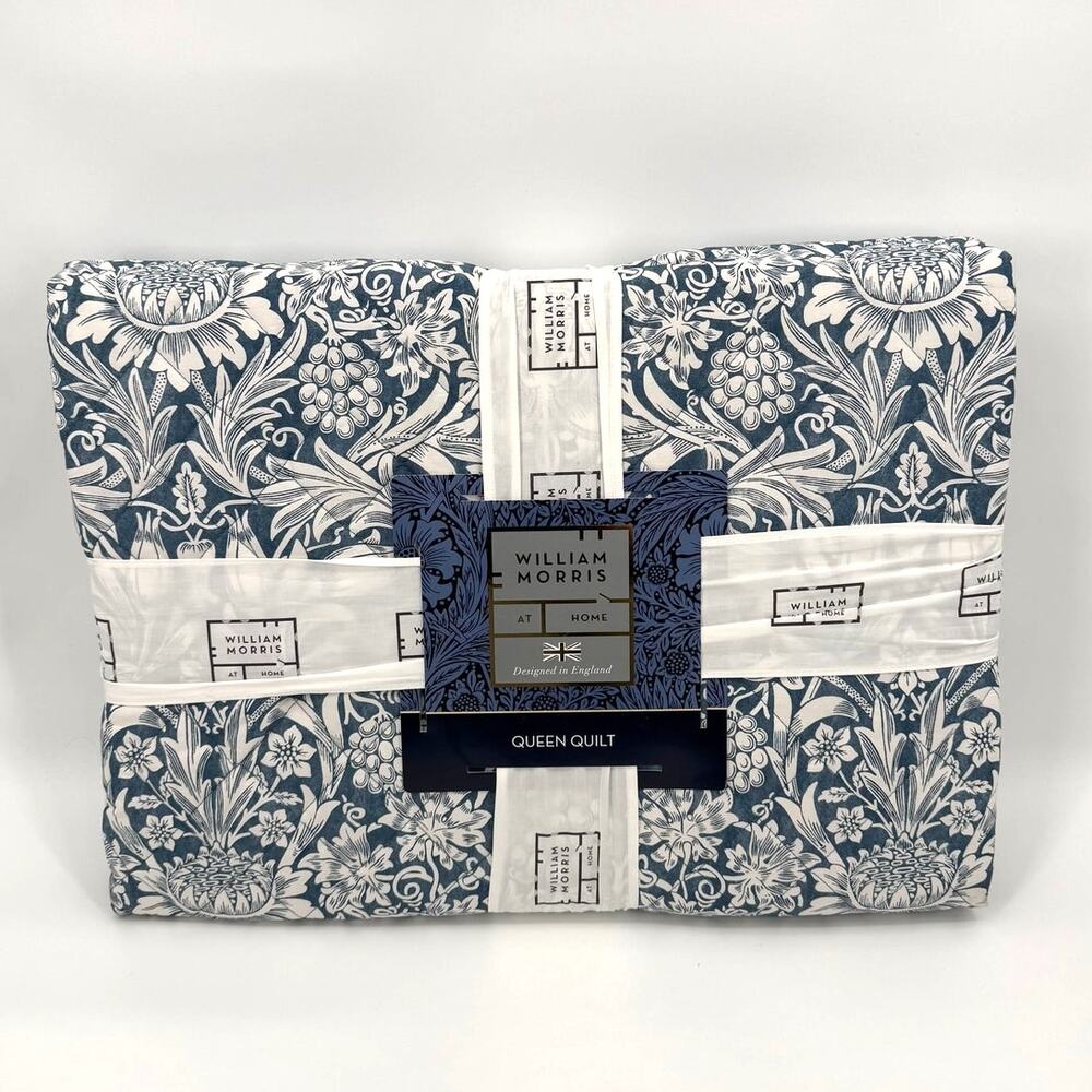 NWT William Morris at Home Sunflower Navy Blue Floral QUEEN Quilt 100% Cotton